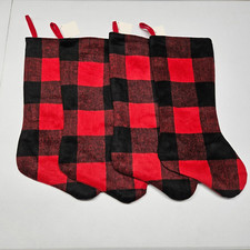 LOT OF 4 - PLAID CHRISTMAS STOCKING Red Black Buffalo Print - Flannel Set - NEW