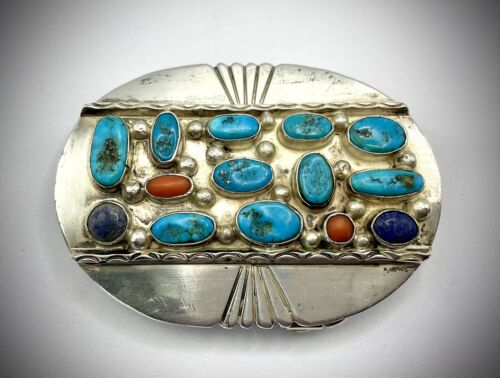 Vtg sterling Navajo Turquoise, Coral And Lapis Belt Buckle 60 Grams - 第 1/4 張圖片