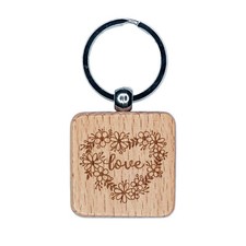 Love Script in Flower Heart Wreath Engraved Wood Square Keychain Tag Charm