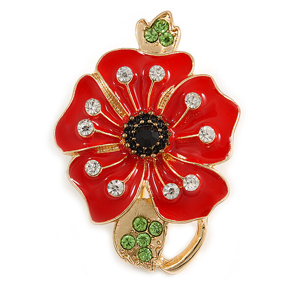 Bright Red Enamel Clear/ Green/ Black Crystal Poppy Brooch In Gold Tone Metal -