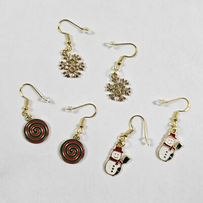 Set Of 3 Handcrafted Christmas Holiday Dangle Earrings Snowflake Candy Snowman 