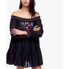 Free People Sunbeams Embroidered Off-The-Shoulder Black Dress Size Medium