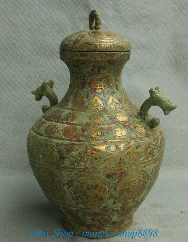 Botella de vino jarra tanque oreja dragón palacio dinastía dorado mercancía bronce chino antiguo de 11" - Imagen 4 de 12