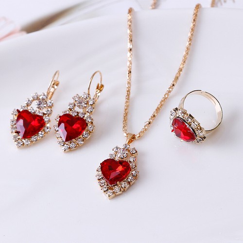 Fashion Ladies Jewelry Set Romantic Heart Bridal Wedding Necklace Ring Se_ou