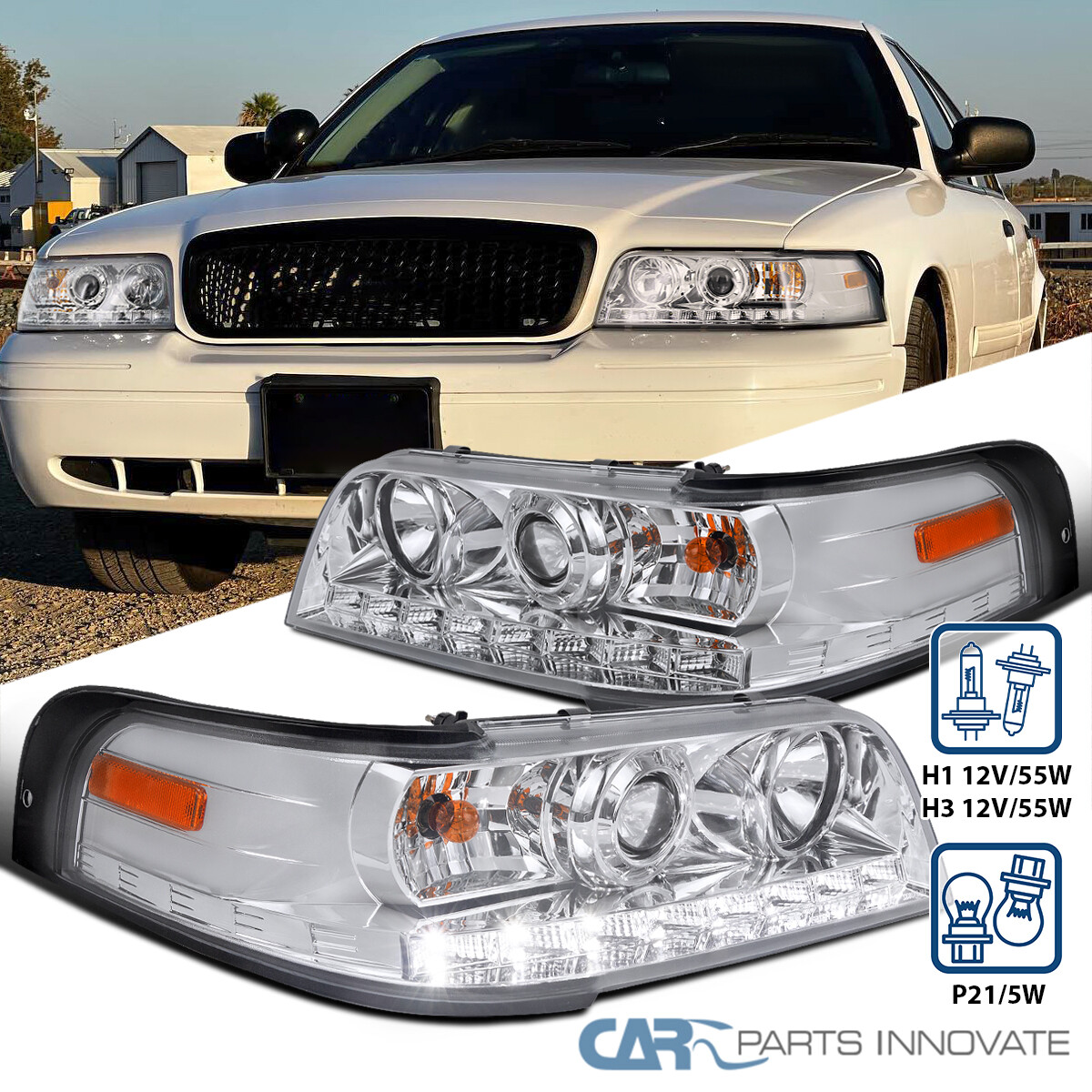 Fits 1998-2011 Ford Crown Victoria LED Strip Projector Headlights 