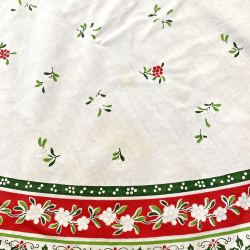 Mantel de Navidad de colección blanco algodón rojo y verde borde ovalado retro vacaciones - Imagen 5 de 7