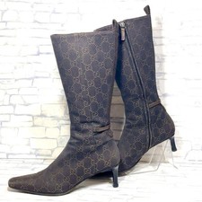 Authentic Gucci Long Boots Brown GG Canvas Leather Size 35C Made in Italy