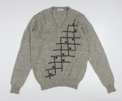 Friendship Herren Pullover Pulli grau Wolle V-Ausschnitt geometrisch L