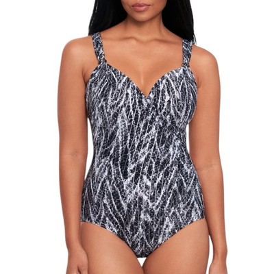 Miraclesuit Siren V-Neck Underwire One Piece Swimsuit size 10 Silver Python