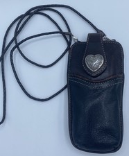 Vg BRIGHTON Black / Brown Leather Glasses Sunglasses Case w Braided Strap Heart