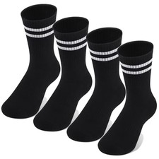 Kids Boys Crew Socks - 4 Pack Ribbed Towel Bottom Hiking Large Striped Black