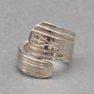 Vintage Avon Silver Plate Spoon Ring Size 8.5 Floral Heart Etched Bypass