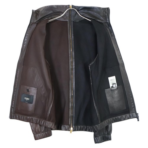 FENDI FPG185 bi-color zip-up lamb leather Jacket 48 Black x brown - Picture 5 of 10
