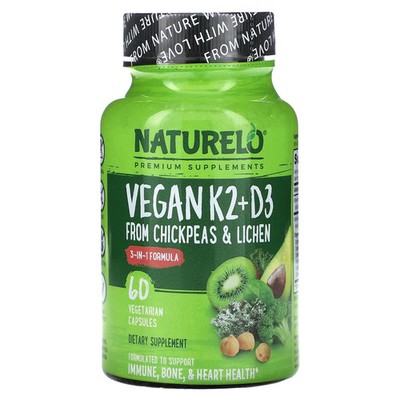 2 X NATURELO, Vitamin K2 + D3, From Chickpeas & Lichen, 60 Vegetarian Capsules