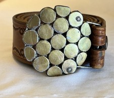 XL Vtg 1960s 1970s Brown Tooled Leather Boho Hippie Belt Accurate Brand Buckle