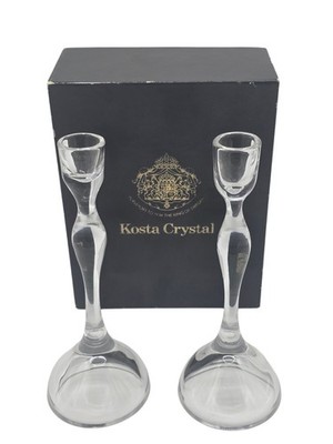 Kosta Lead Crystal Candlesticks 9'' -Vickie Lindstrand Signed Sweden Mid Century 