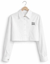 Camicia bianca Miu Miu cropped popeline logo ricamato colletto gioiello taglia small