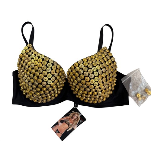 Pleasure Bound BH Neu Größe 38 D Gold Nieten Cosplay Schwarz Verziert Y2K Sexy - Bild 1 von 9
