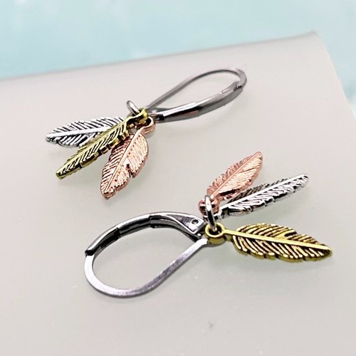 Mixed Metals Triple Feather Pendant Leverback Earrings (Silver Leverbacks) New - Picture 5 of 6