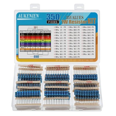 AUKENIEN 1W 1% Resistor Assortment Kit Set, 35 Values, 350 Pieces, 1 Watt Metal