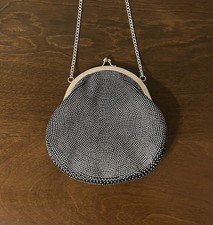 VTG Black Satin Silver Beaded Kiss Lock Evening Bag Clutch Purse Chain Strap