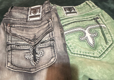 Rock Revival Men's Gray Green Straight Jeans Embroidered Flap Pockets Acid Wash