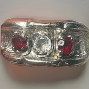 Vintage 18K HGE Three Stone Faux Ruby Rhinestone Cocktail Ring
