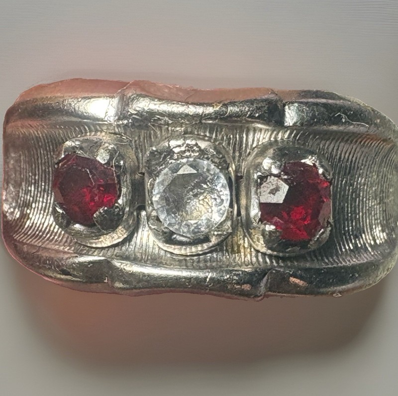 Vintage 18K HGE Three Stone Faux Ruby Rhinestone Cocktail Ring