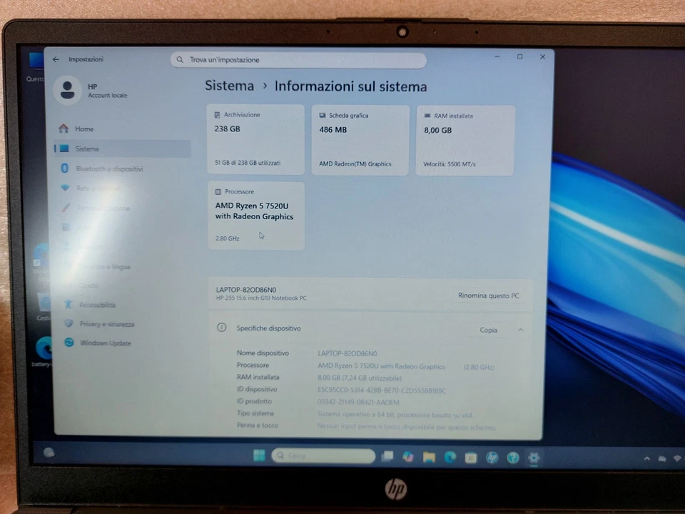 Notebook  Portatile HP 255 G10 Ryzen 5-7520u 15,6" Ram 8Gb, 512Gb Win11 - Ottimo - Immagine 4 di 4