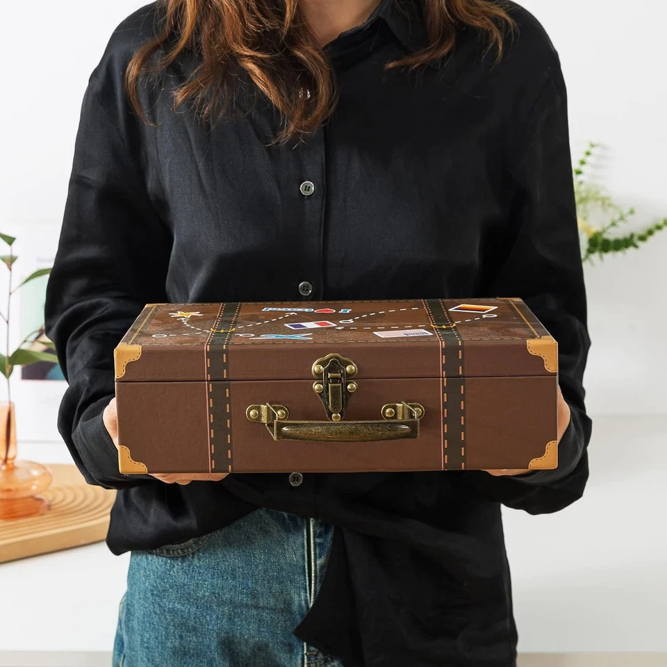 3 Maletas Decorativas Vintage Baúl Retro Madera Cuero Antiguo Almacenamiento Foto 4 de 4
