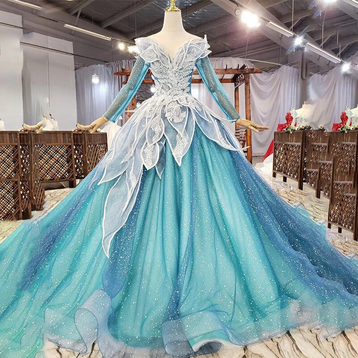 blue dress for baby girl Odessa Colorful Blue Wedding Dress with Floral Detail A-line Corset main image 1