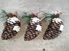 Set of 3 Place  Home Glass Blown SNOW DUSTED PINECONE Ornament Christmas NEW