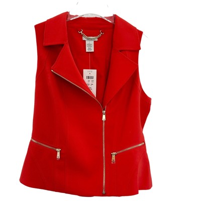 Cache Collared Vest Women Size 0 Red Orange Gold Full Zip Adjustable Career New