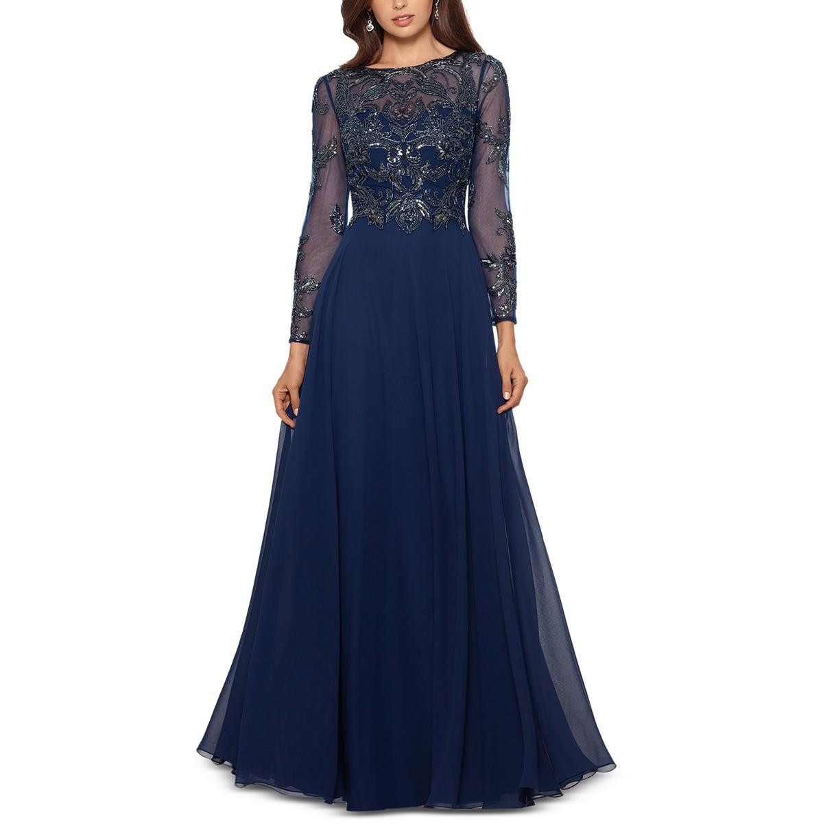 Xscape Женское темно-синее сетчатое макси формальное вечернее платье Gown Petites 12P BHFO 5975