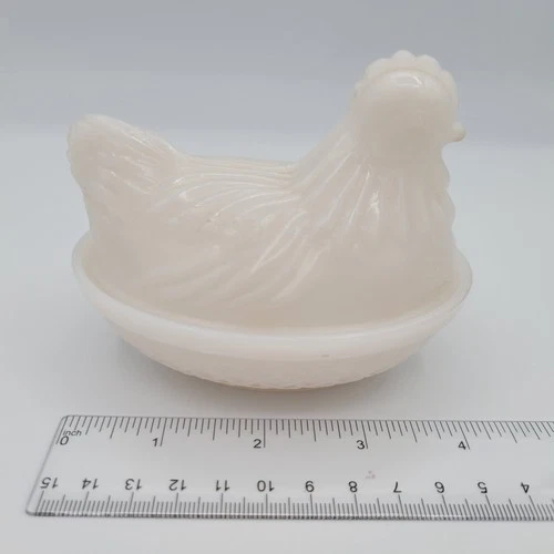 Vintage Hazel Atlas White Hen On Nest Basket Milk Glass Covered Dish Small