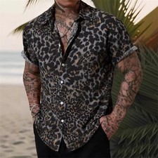 Men Leopard Print Short Sleeve Button Shirt Summer Casual Polyester Beach Top