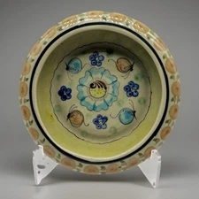 Signed Hand Painted Mexican Tonala Pottery Trinket Dish/ Yellow Flower Bowl 7 in