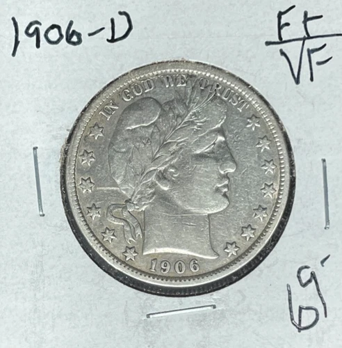 1906-D BARBER SILVER HALF DOLLAR ~FINE+/VF ~NICE COIN~