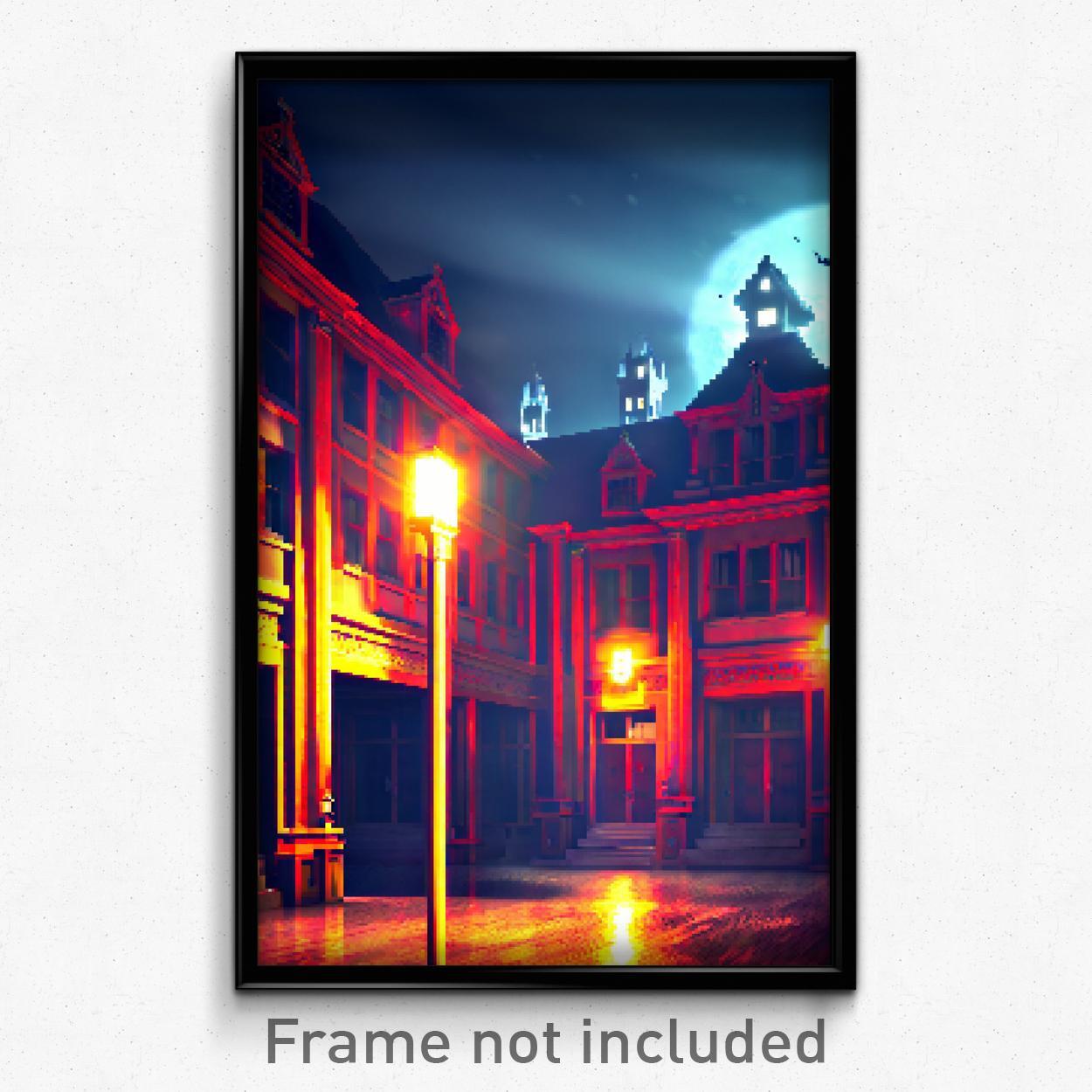 Pixel Art Poster - Haunted School (8 Bit Psychedelic Trippy Video Game Print)