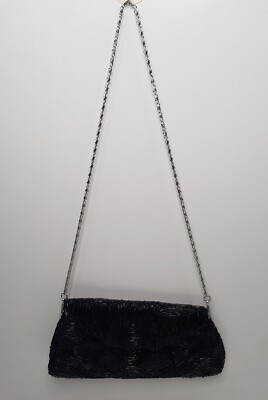 M&S DAMEN SCHWARZ GLASPERLEN ABEND CLUTCH TASCHE SCHULTERTASCHE SILBER KETTENRIEMEN