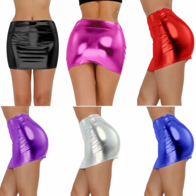 US Women Sexy Metallic Bodycon Skirt Liquid Patent Leather Wet Look Mini Skirts