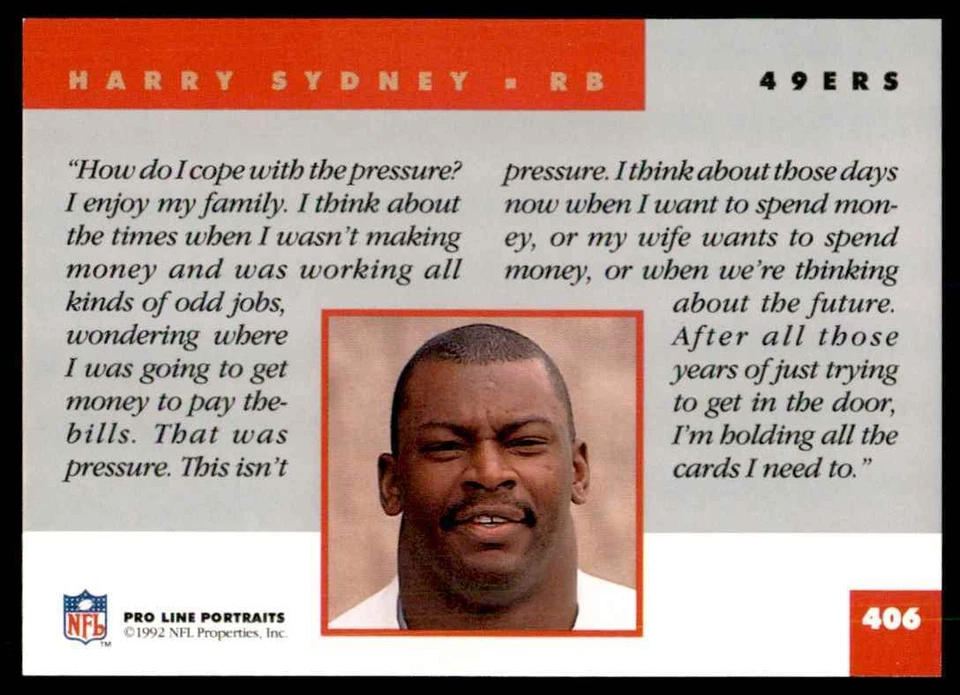 1992 PRO LINE HARRY SYDNEY SAN FRANCISCO 49ERS #406 - Image 2 of 2
