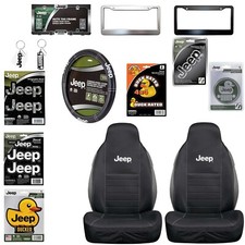 New Jeep Decal Emblem Key Chain License Plate Frame 2 Neoprene Seat Covers Set