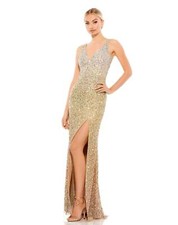 Mac Duggal 1068 Sequin Slit Gown SZ 2 Shimmmering Gold