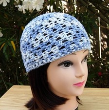 Light Denim Blue Cotton Crochet Knit Hat Summer Beanie Women's, Chemo, Skull Cap