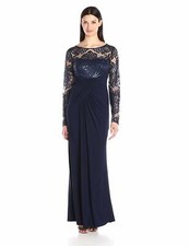 ELIZA J Navy Sequin Embroidered Lace Ruched Front Drape Jersey Maxi Gown 2 = XS