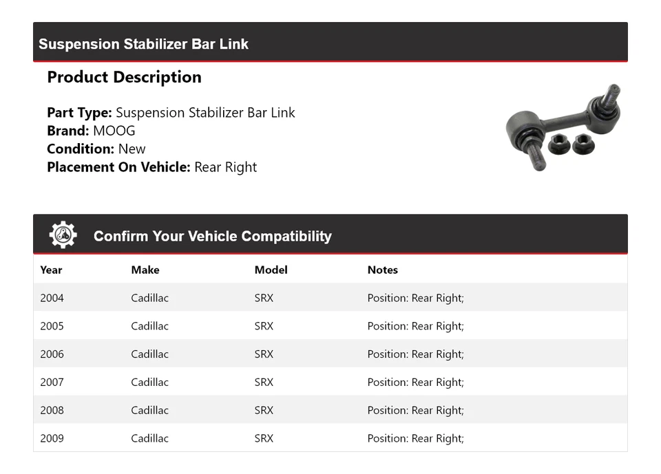 Barra estabilizadora de suspensión trasera derecha MOOG 2004-2009 para Cadillac SRX Foto 2 de 4