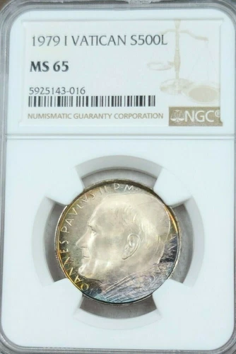 1979 VATICAN SILVER 500 LIRE JOHN PAUL II NGC MS 65 AWESOME WILD COLOR TONING