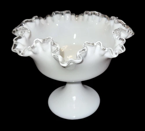 Vintage Fenton Silvercrest Compote Pedestal Dish Milk Glass Ruffle Edge Large