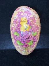 Vintage German Paper Mache Easter Egg Candy Conta Yellow Purple Flowers Chick J5